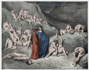 Inferno, Canto 29 : Forfalskerne og forfalskerne plaget av kløe, illustrasjon fra The Divine Comedy av Dante Alighieri, 1885 (digitalt farget gravering)